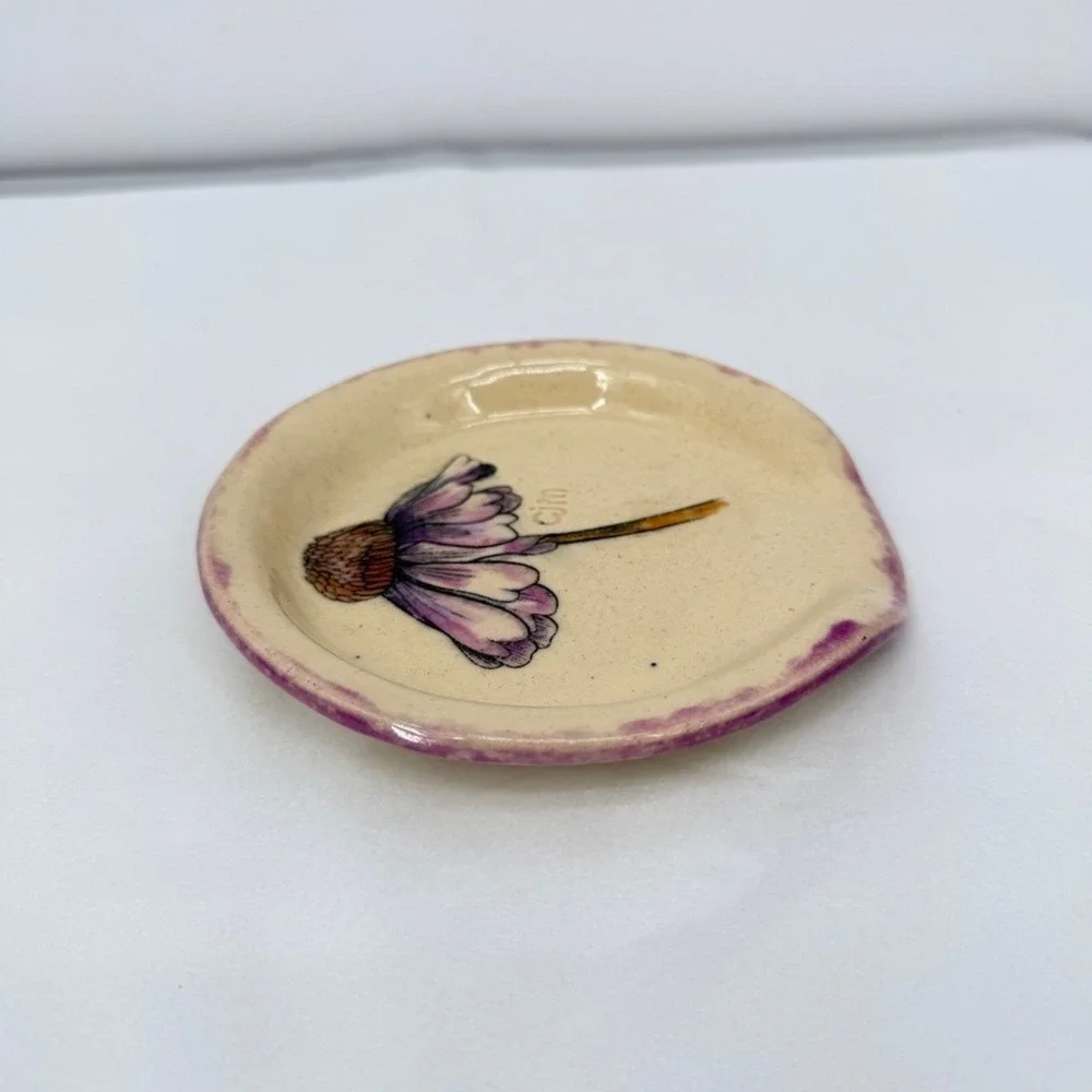 CJM Pottery Spoon Rest Dish Echinacea Floral Handmade Ceramic Kitchen Decor